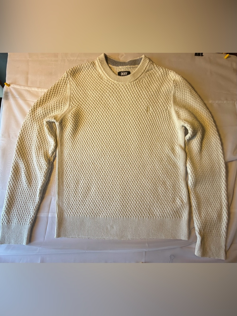 DKNY Men Crewneck Sweater Off White Cream Honeycomb Knit Textured Pullover